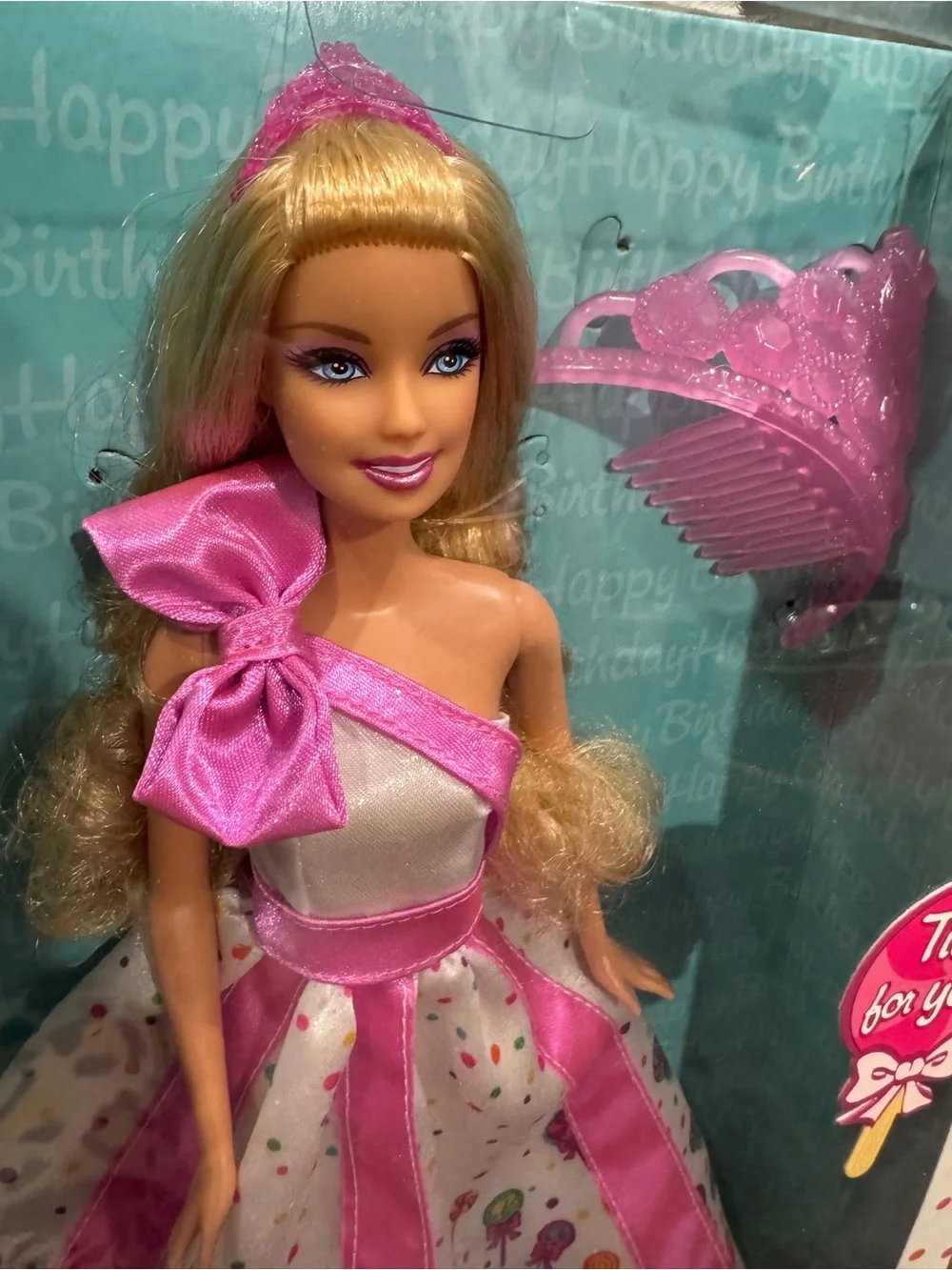 Happy Birthday Barbie Doll with Tiara Lollipop-Pattern Dress